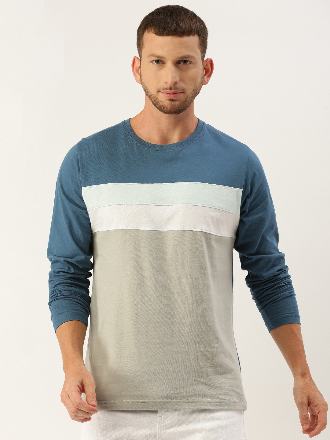 

DILLINGER Men Teal Blue Grey Striped Round Neck Pure Cotton T-shirt