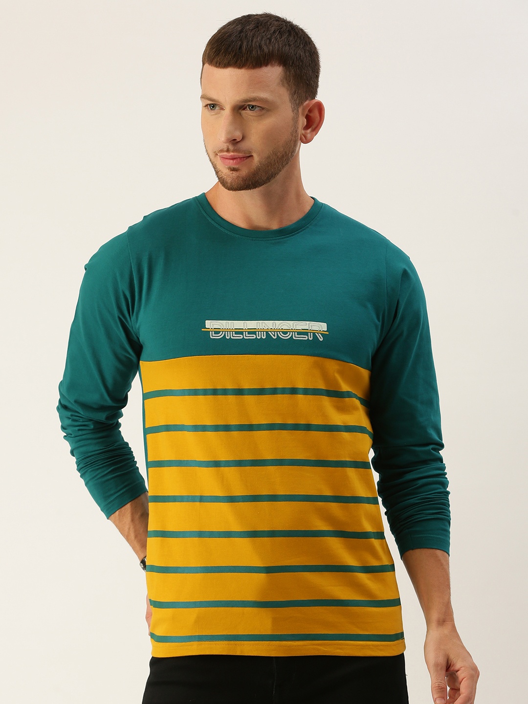 

DILLINGER Men Teal Green & Mustard Yellow Striped Round Neck T-shirt