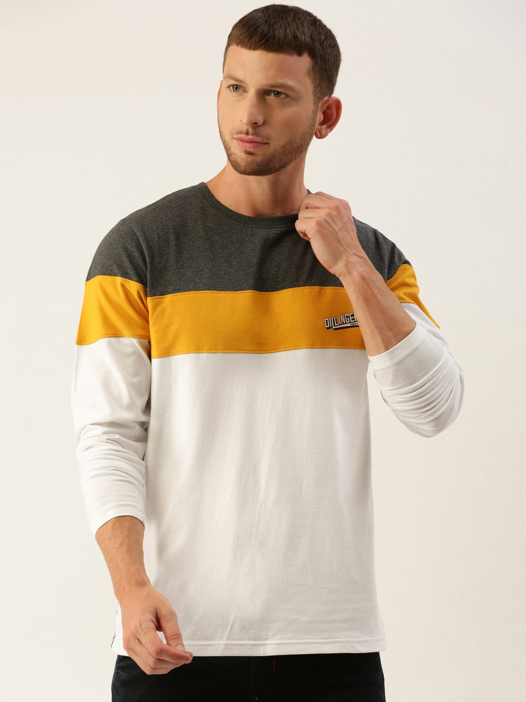 

DILLINGER Men Charcoal Grey White Colourblocked Round Neck Pure Cotton T-shirt