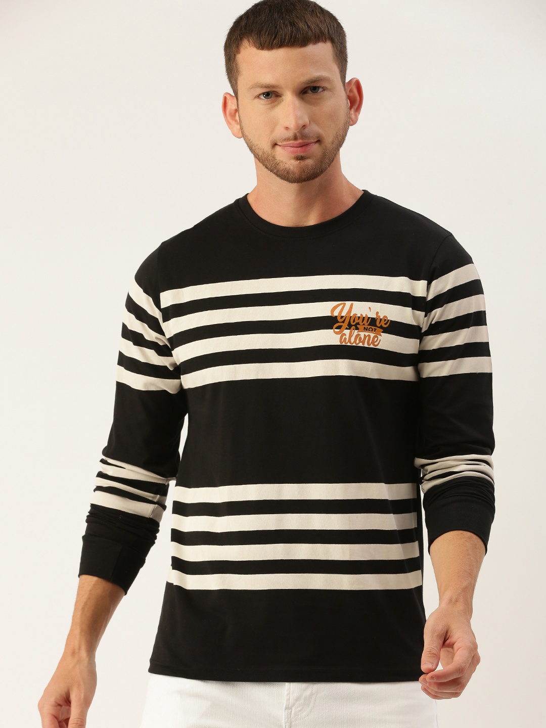 

DILLINGER Men Black White Striped Round Neck Pure Cotton T-shirt
