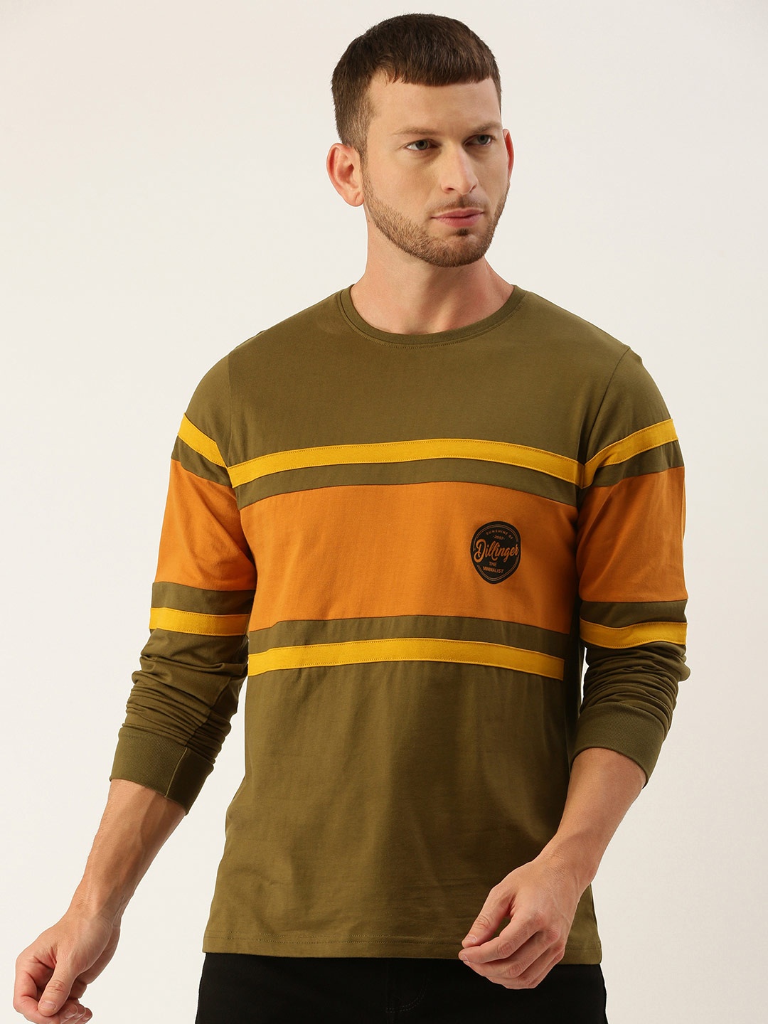 

DILLINGER Men Olive Green Orange Colourblocked Round Neck Pure Cotton T-shirt