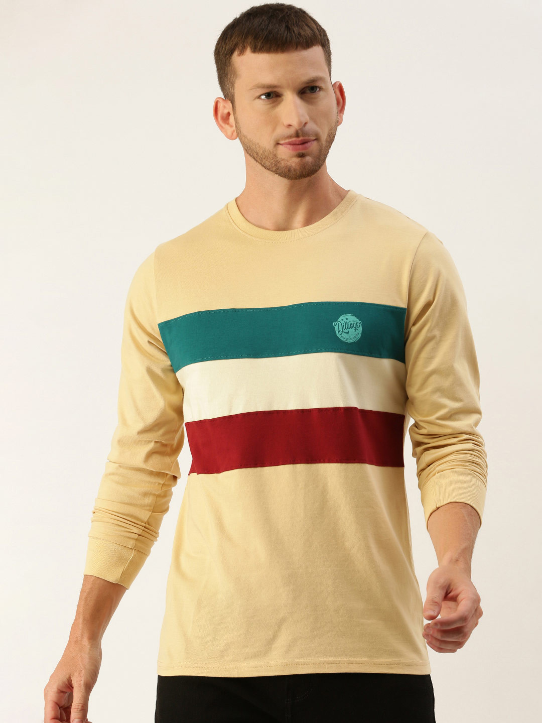 

DILLINGER Men Beige Teal Blue Striped Round Neck Pure Cotton T-shirt