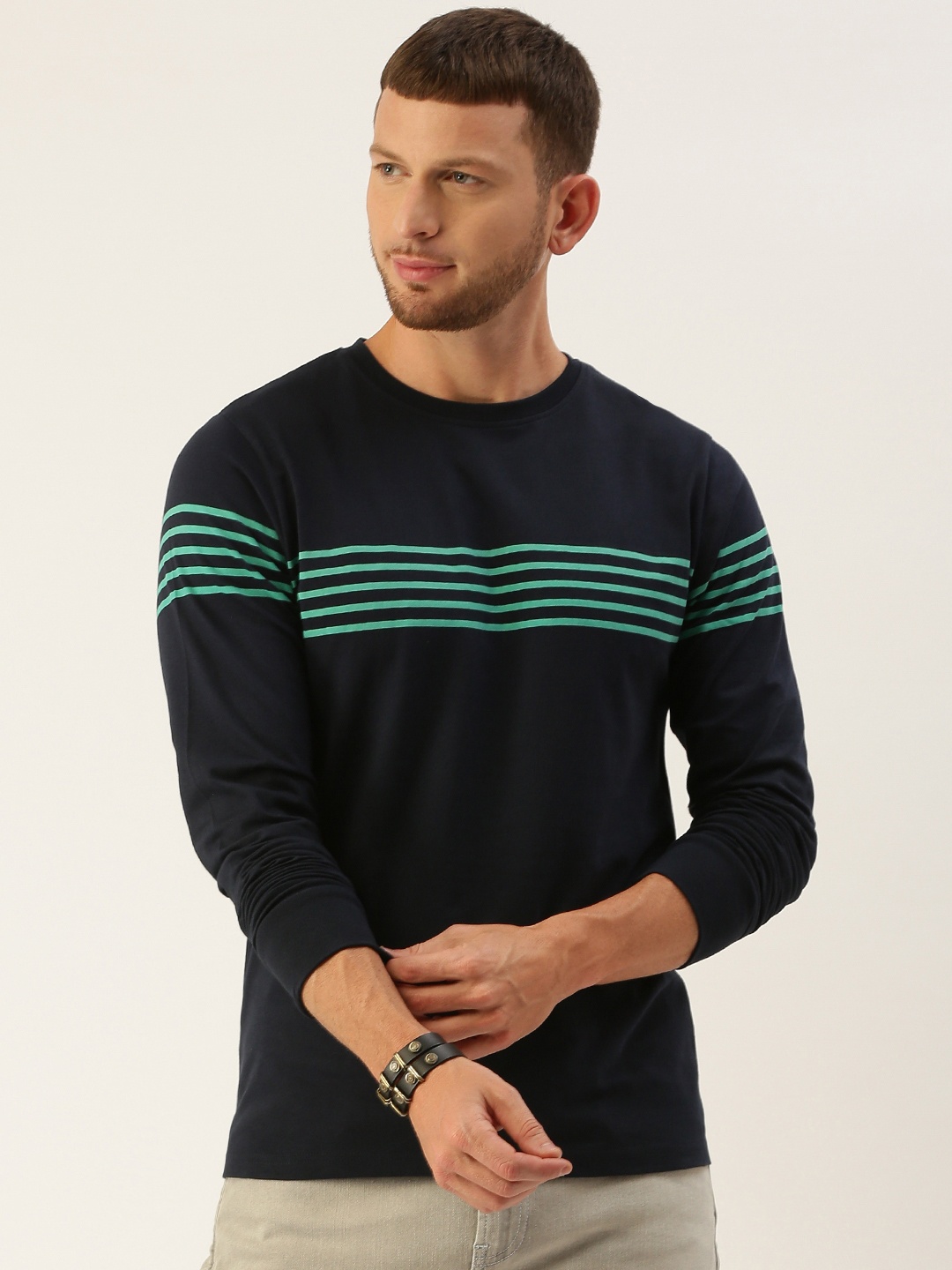 

DILLINGER Men Navy Blue Sea Green Striped Round Neck Pure Cotton T-shirt