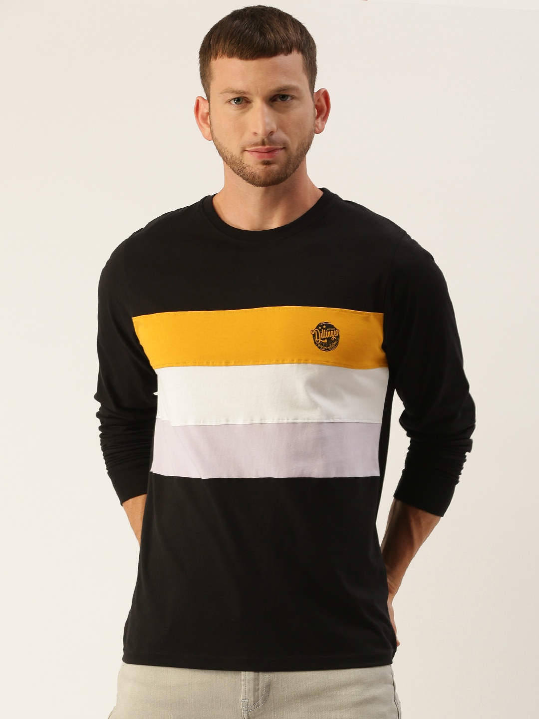 

DILLINGER Men Black Mustard Yellow Striped Round Neck Pure Cotton T-shirt