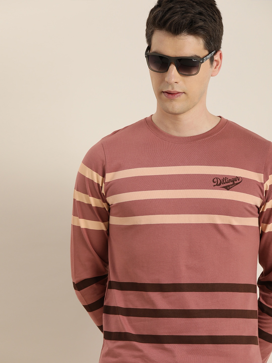 

DILLINGER Men Pink Brown Striped Round Neck Pure Cotton T-shirt