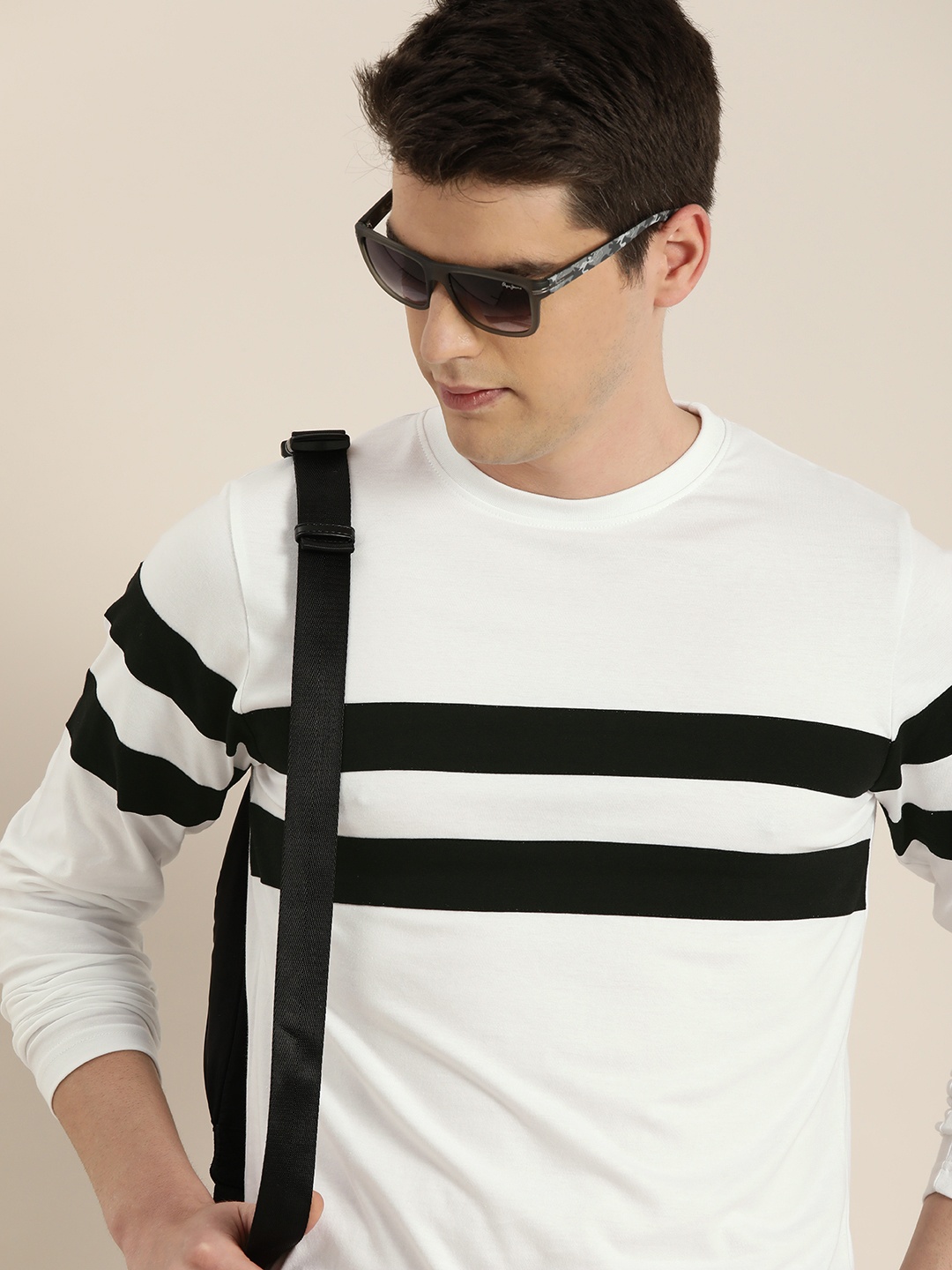 

DILLINGER Men White Black Striped Round Neck Pure Cotton T-shirt