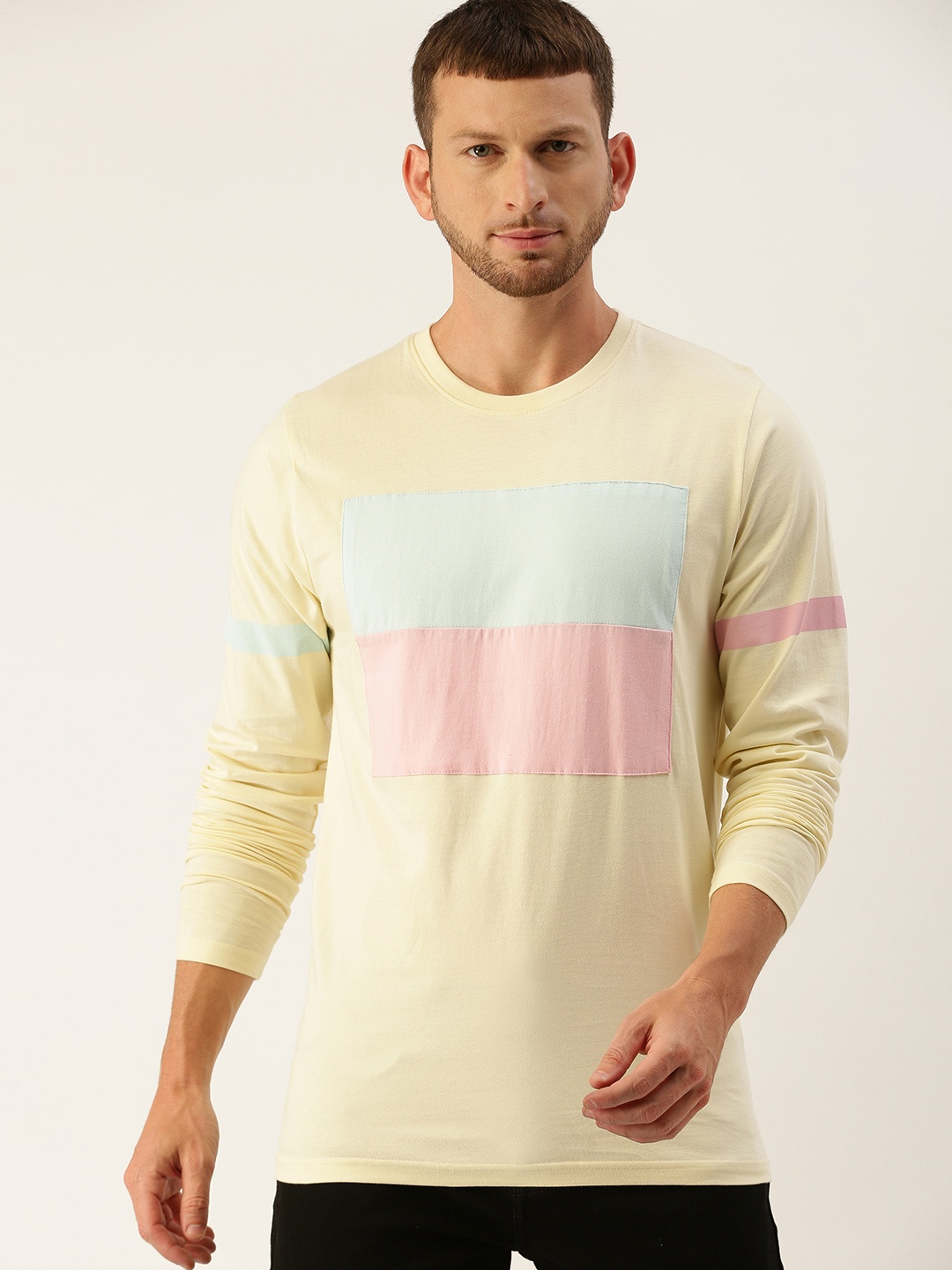 

DILLINGER Men Off-White Blue Colourblocked Round Neck Pure Cotton T-shirt