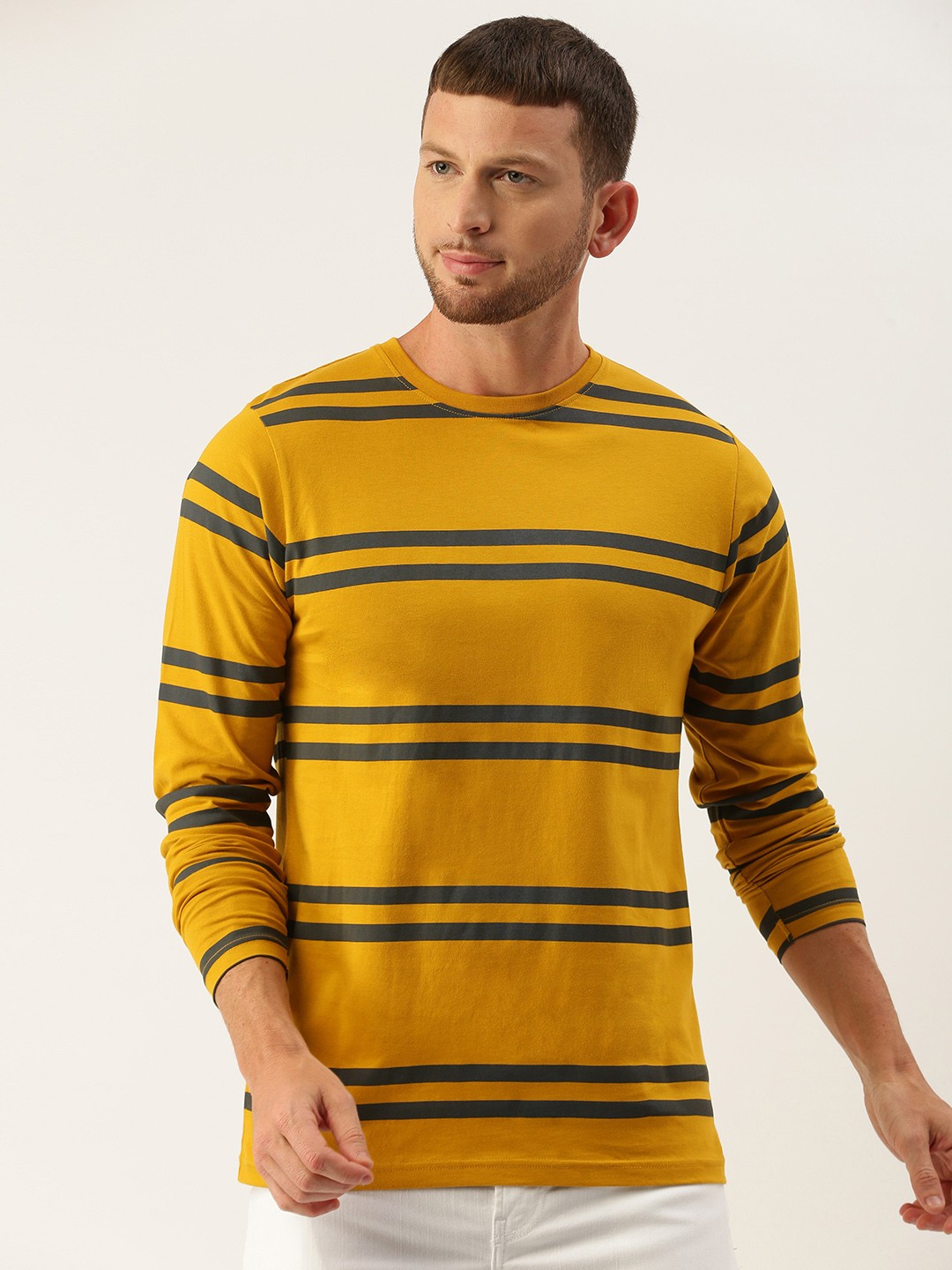 

DILLINGER Men Mustard Yellow Navy Blue Striped Round Neck Pure Cotton T-shirt