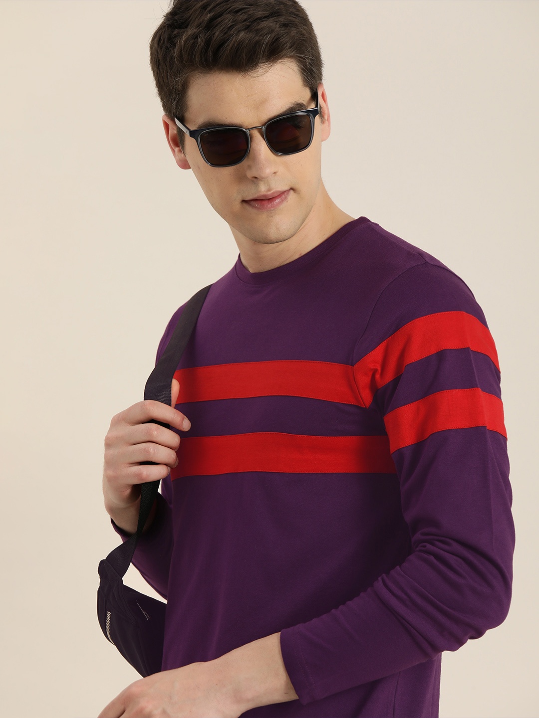 

DILLINGER Men Purple Red Striped Round Neck Pure Cotton T-shirt