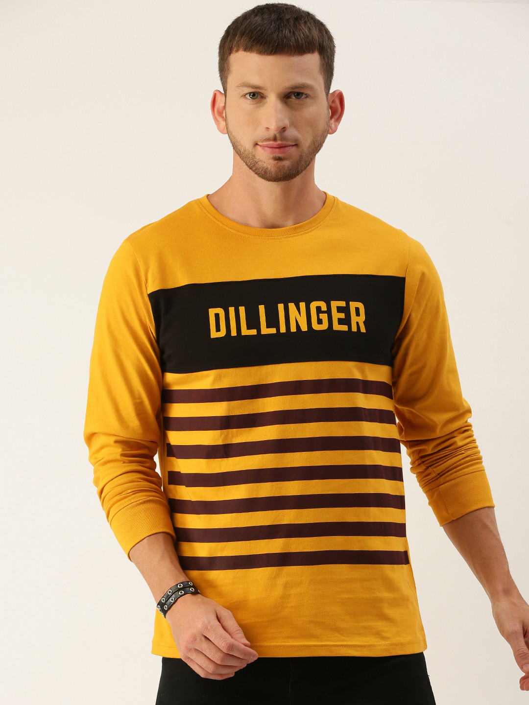

DILLINGER Men Mustard Yellow Black Striped Round Neck Pure Cotton T-shirt
