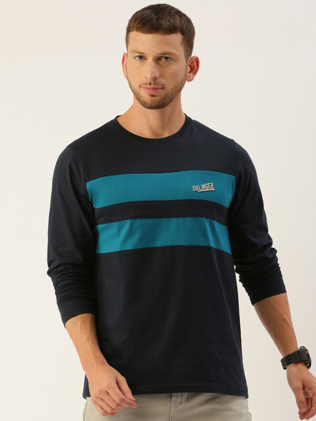 

DILLINGER Men Navy Blue Striped Round Neck Pure Cotton T-shirt