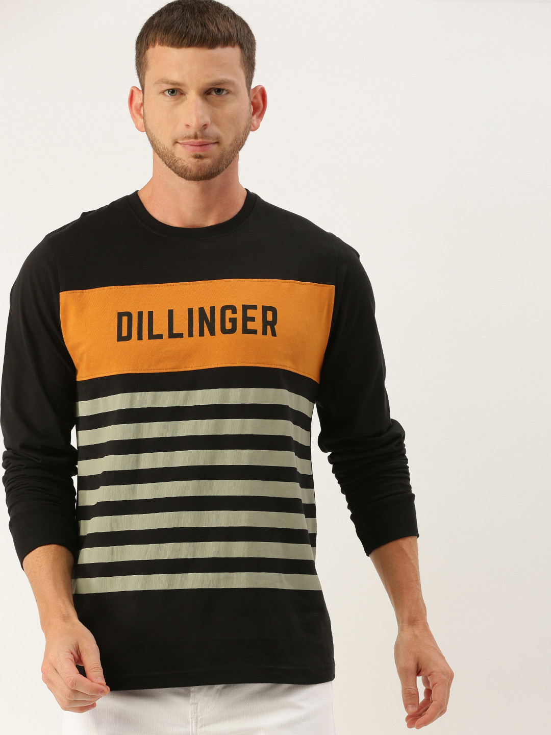 

DILLINGER Men Black Grey Striped Round Neck Pure Cotton T-shirt