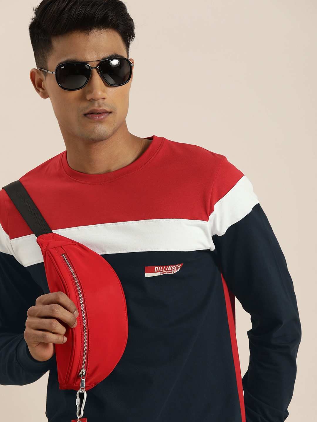 

DILLINGER Men Red Navy Blue Colourblocked Round Neck Pure Cotton T-shirt