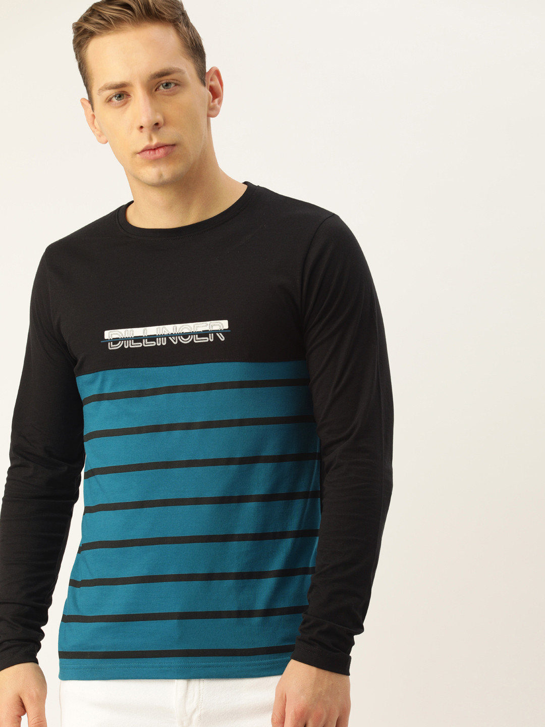 

DILLINGER Men Black Blue Striped Round Neck Pure Cotton T-shirt
