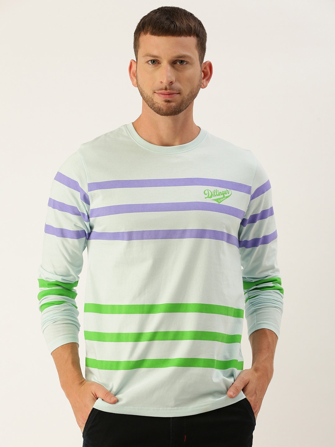 

DILLINGER Men Blue Green Striped Round Neck Pure Cotton T-shirt