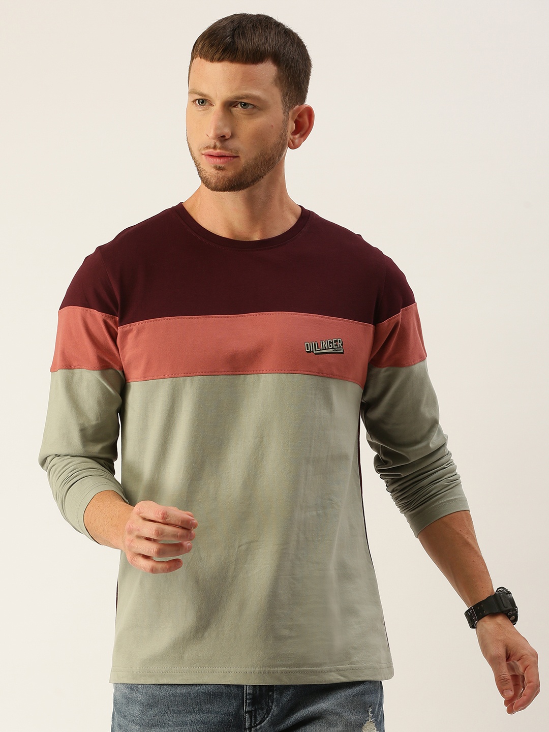 

DILLINGER Men Burgundy Green Colourblocked Round Neck Pure Cotton T-shirt