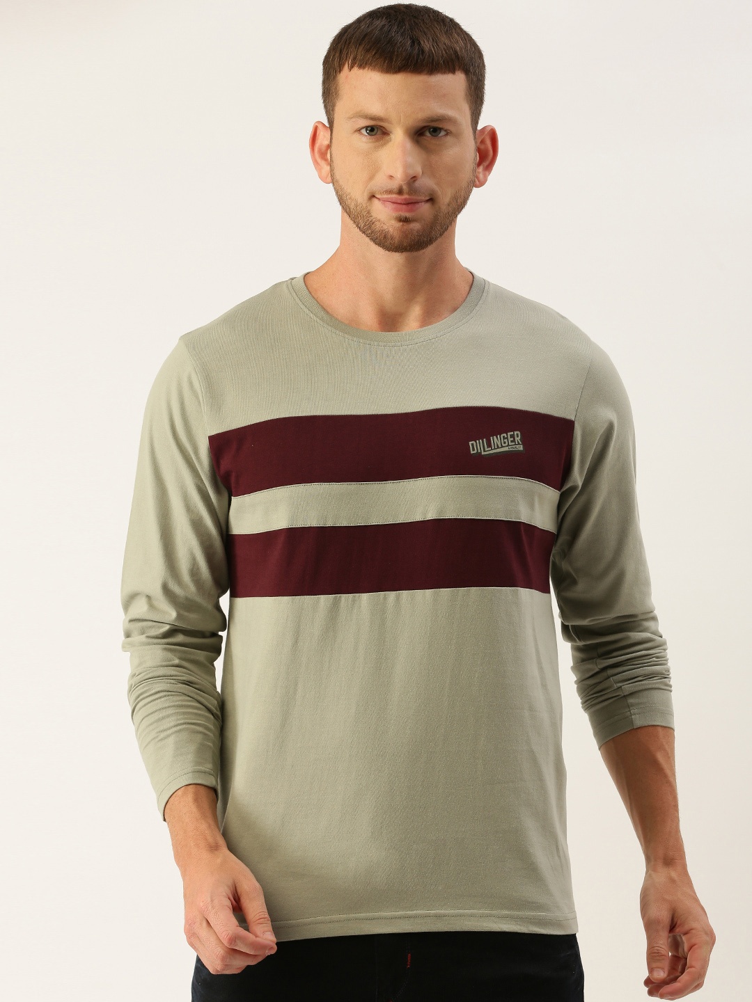 

DILLINGER Men Grey Burgundy Striped Round Neck Pure Cotton T-shirt