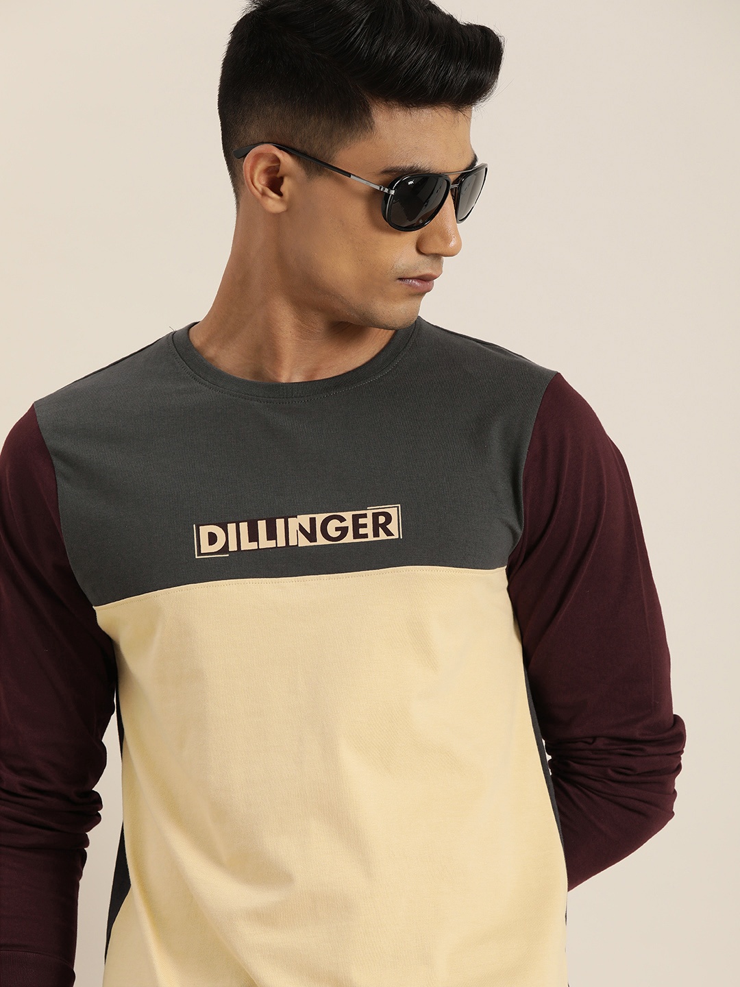 

DILLINGER Men Grey Beige Colourblocked Round Neck Pure Cotton T-shirt