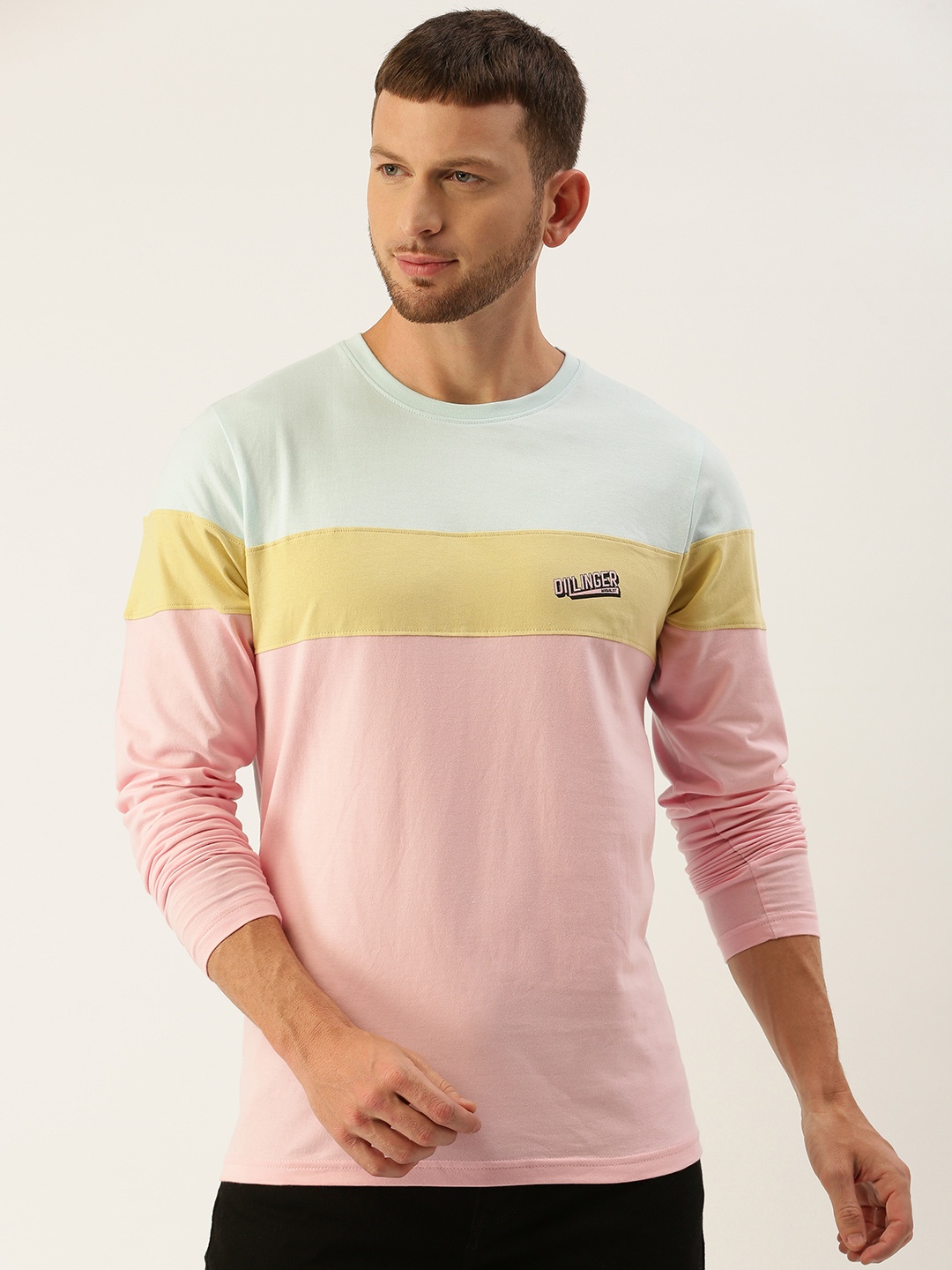 

DILLINGER Men Pink Blue Colourblocked Round Neck Pure Cotton T-shirt