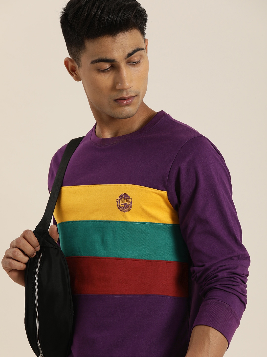 

DILLINGER Men Purple Mustard Yellow Colourblocked Round Neck Pure Cotton T-shirt