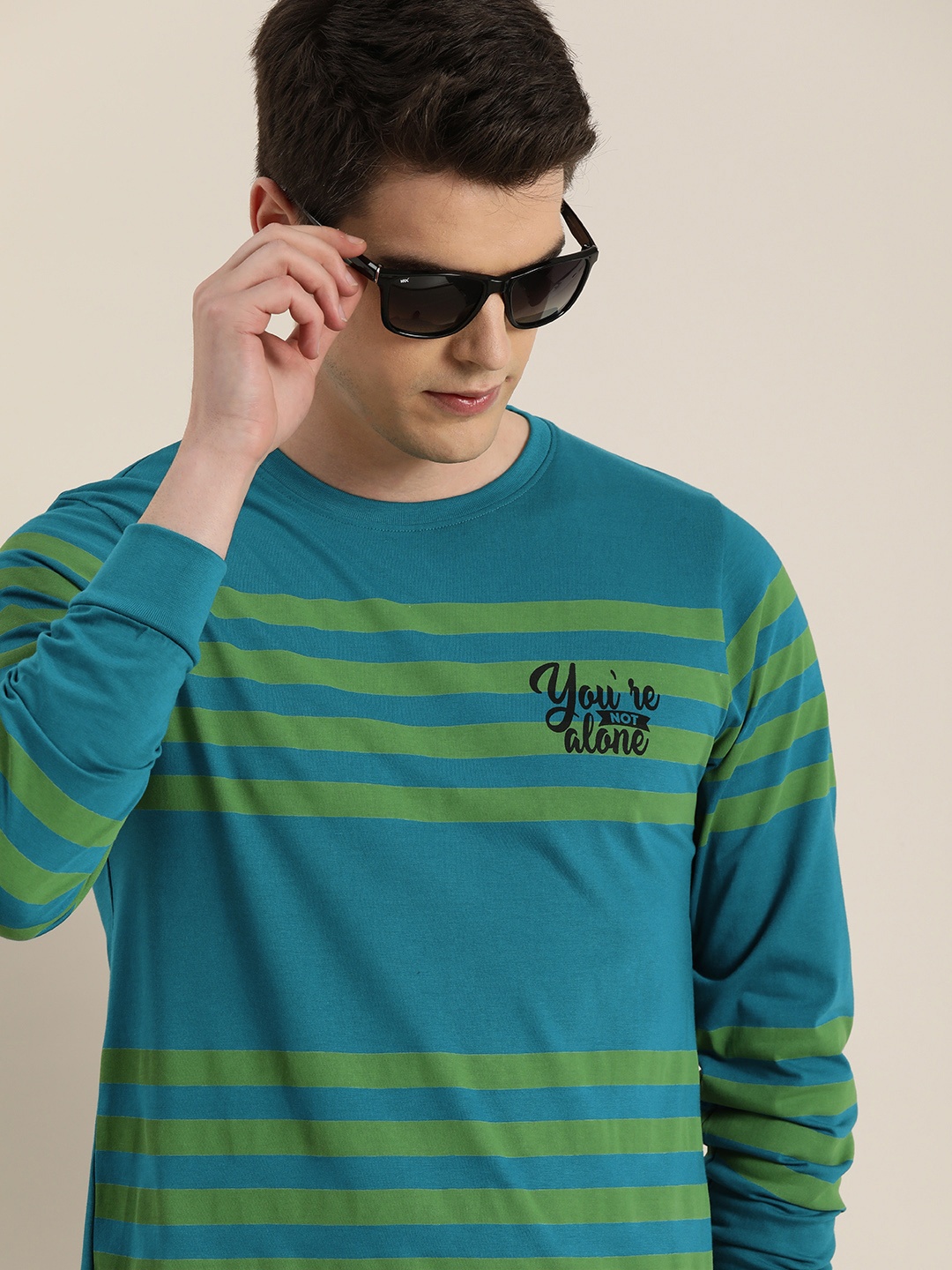 

DILLINGER Men Teal Blue Green Striped Round Neck Pure Cotton T-shirt