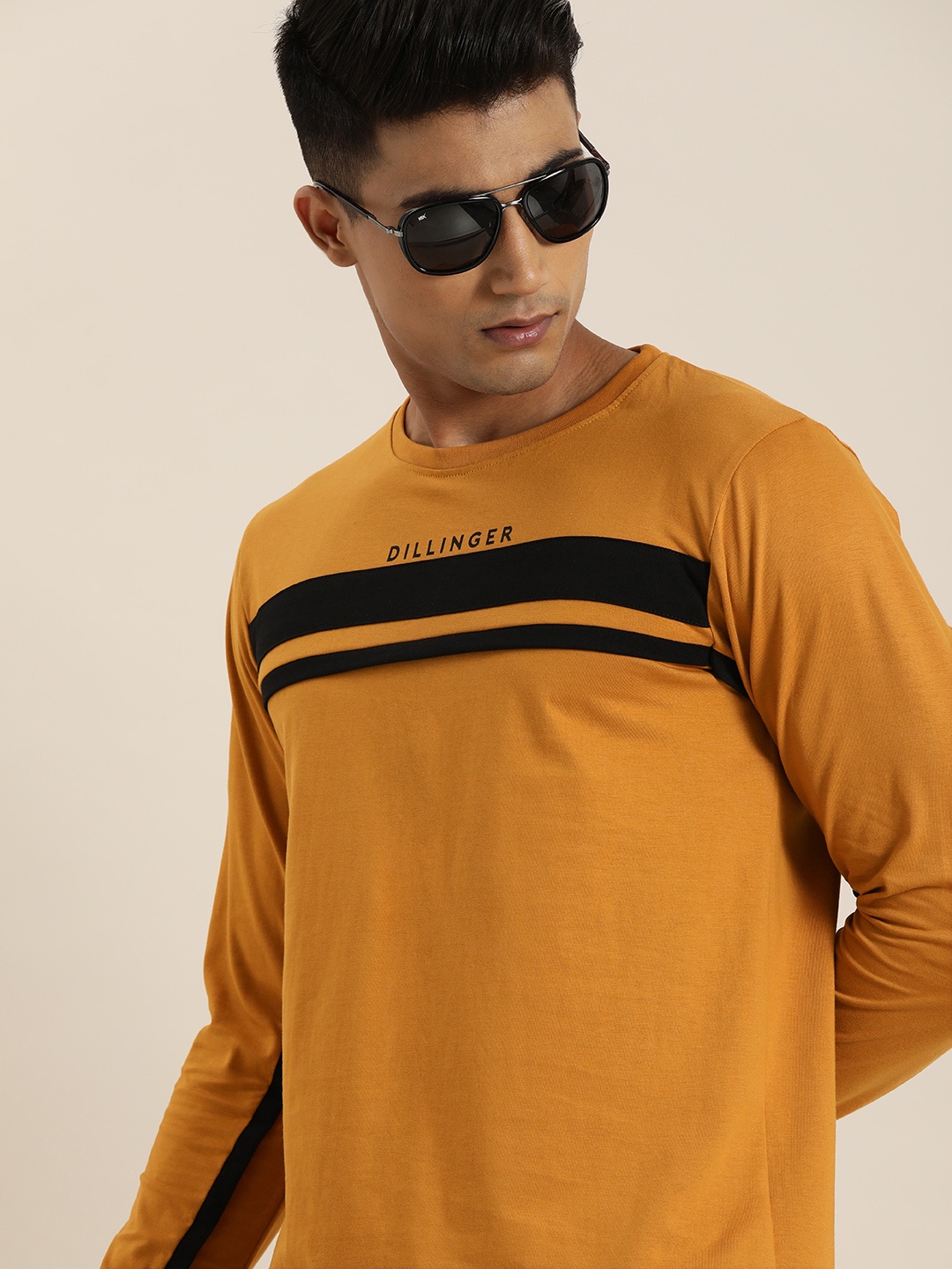 

DILLINGER Men Mustard Yellow Black Striped Round Neck Pure Cotton T-shirt