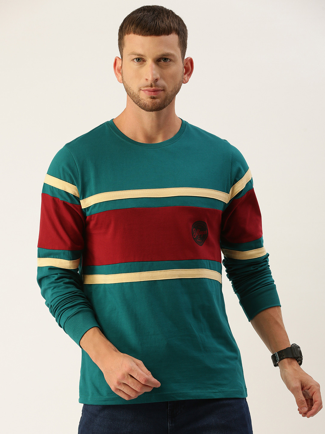 

DILLINGER Men Teal Blue Maroon Colourblocked Round Neck Pure Cotton T-shirt