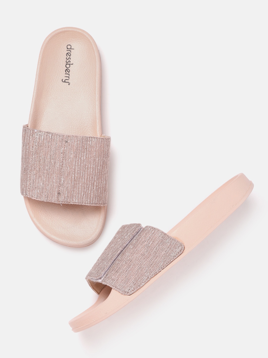 

DressBerry Women Pink Self Striped Open Toe Flats with Shimmer Detail