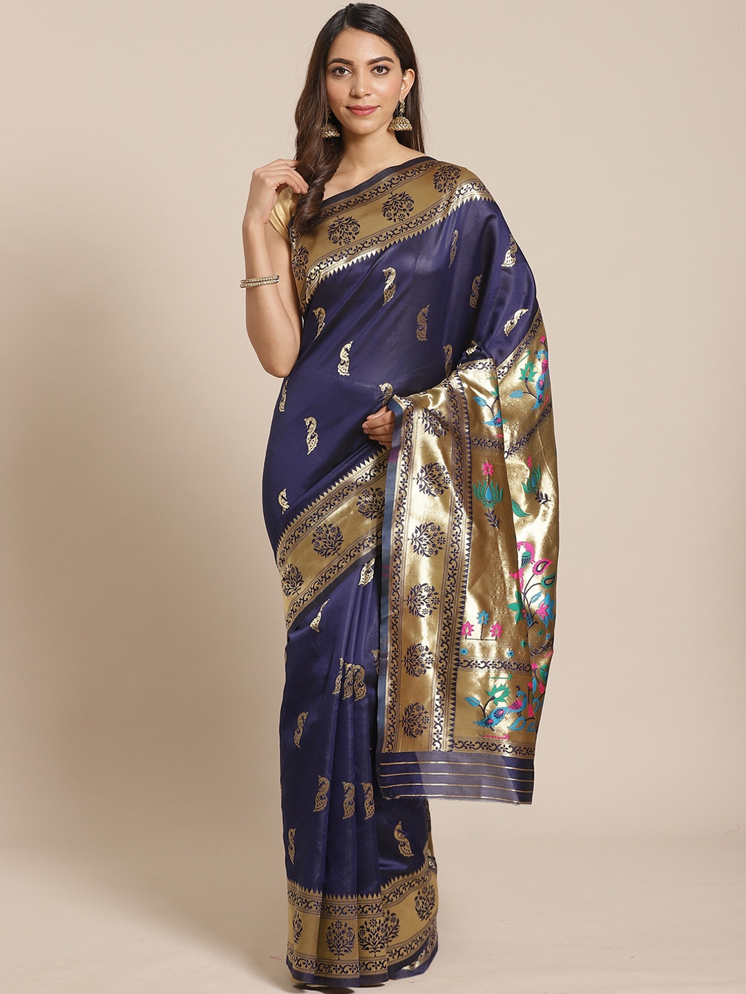 

Mitera Navy Blue & Golden Zari Woven Design Banarasi Saree