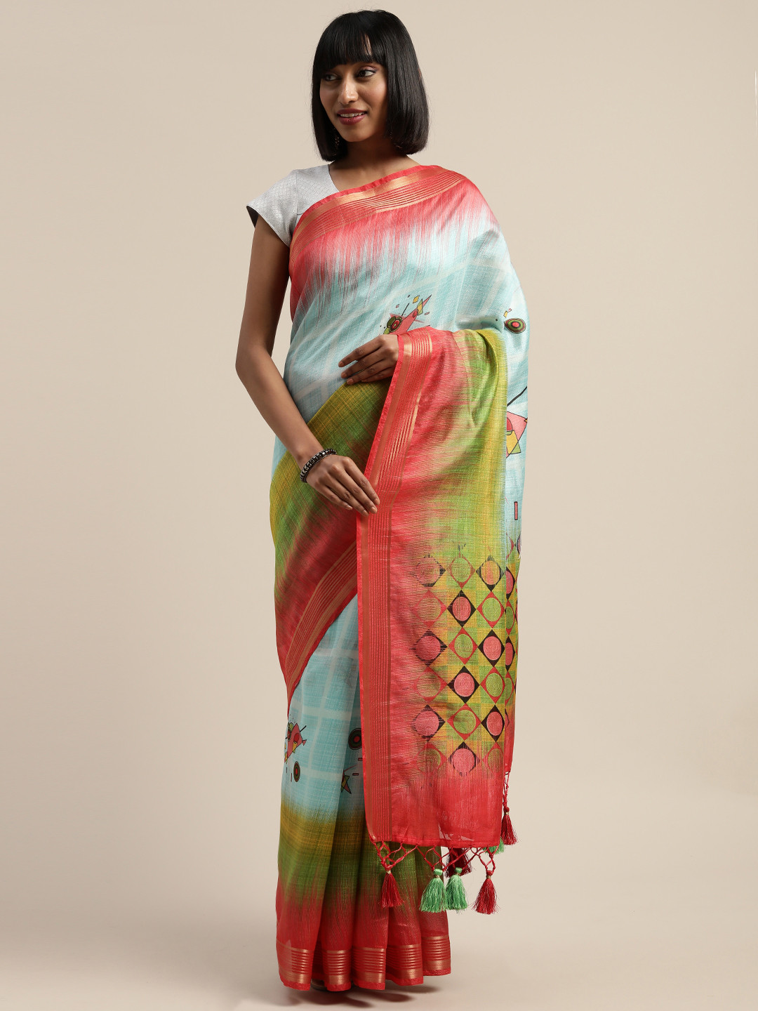 

Rajnandini Blue & Red Silk Blend Printed Saree
