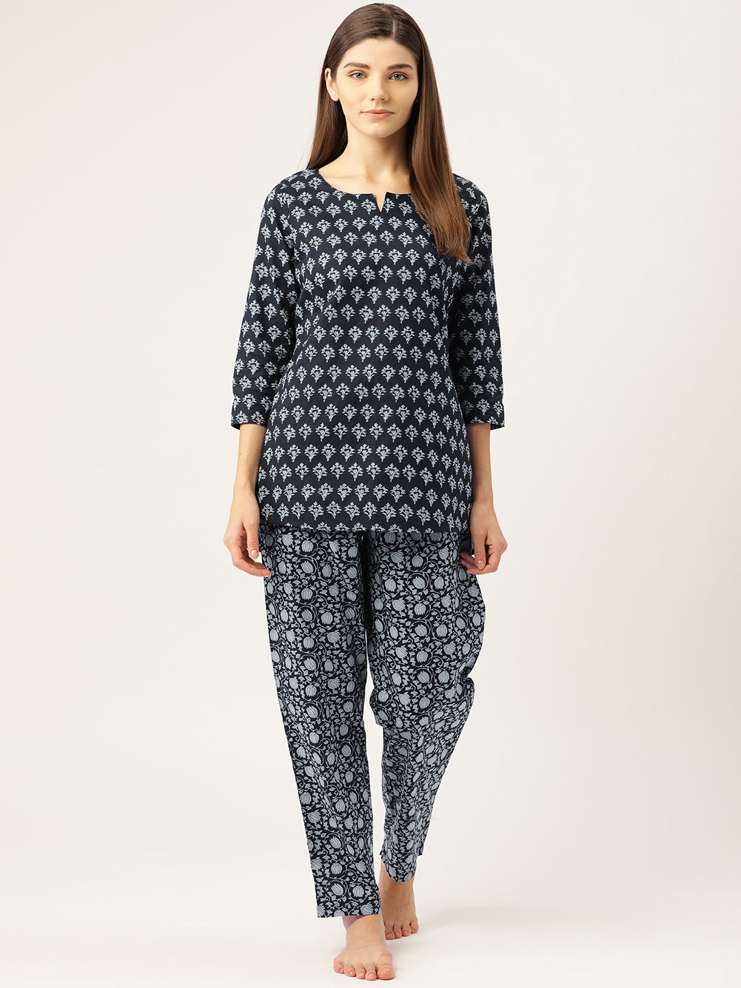 

Prakrti Women Navy Blue All-Over Floral Printed Cotton Sustainable Night Suit Set
