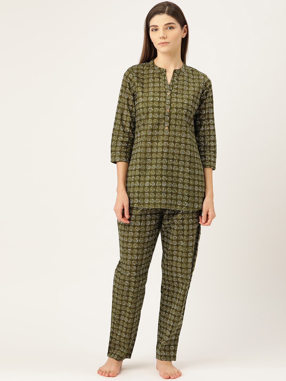 

Prakrti Women Olive Green Boota Printed Cotton Night suit Set