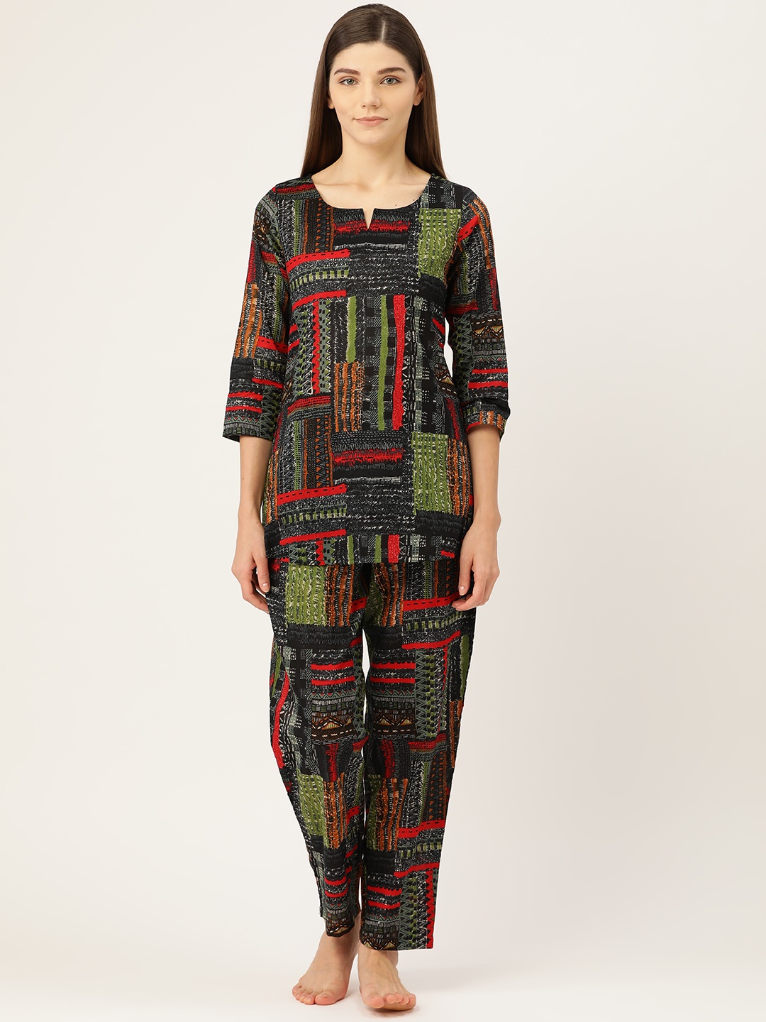 

Prakrti Women Black, Red & Green Abstract Printed Cotton Night suit set
