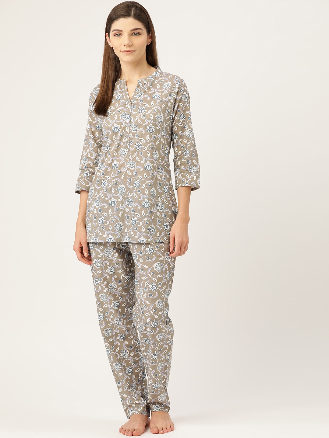 

Prakrti Women Taupe & Blue Printed Night suit