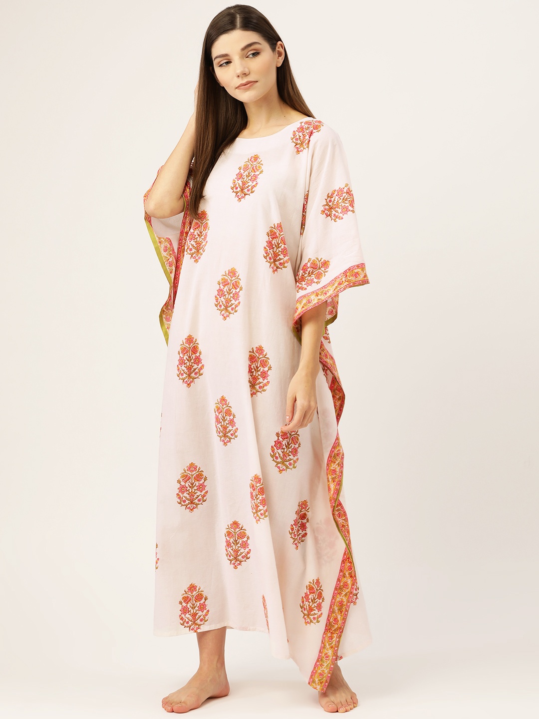 

Prakrti Women White & Pink Hand Block Mughal Boota Print Kaftan Maxi Sustainable Nightdress