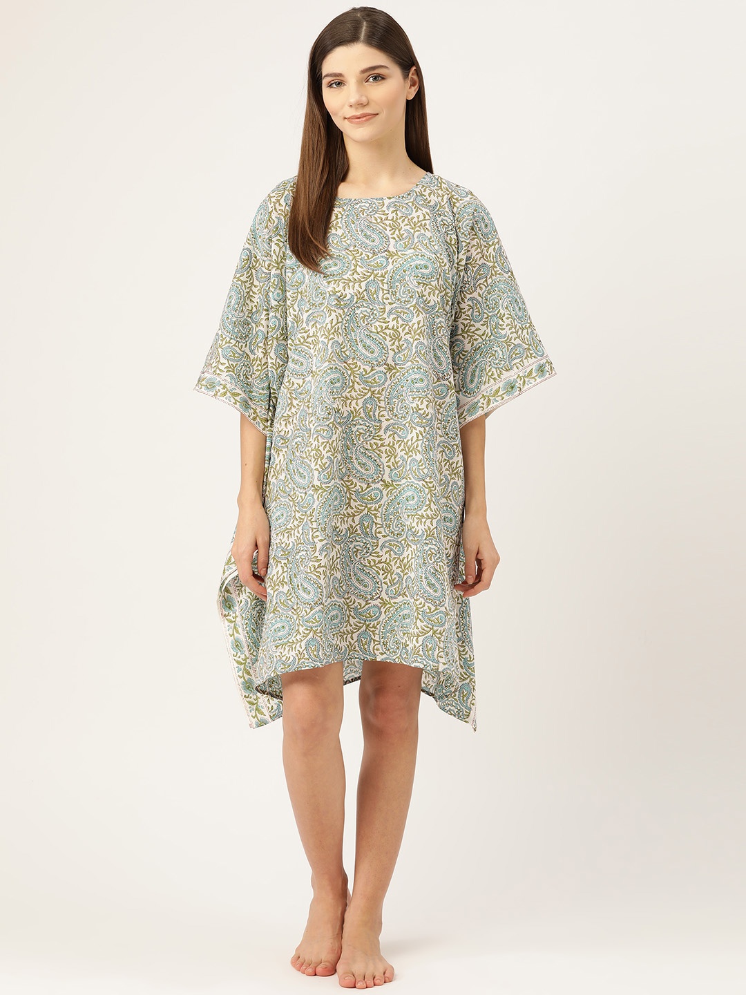 

Prakrti Women White & Blue Hand Block Paisley Jaal Print Kaftan Mini Sustainable Nightdress