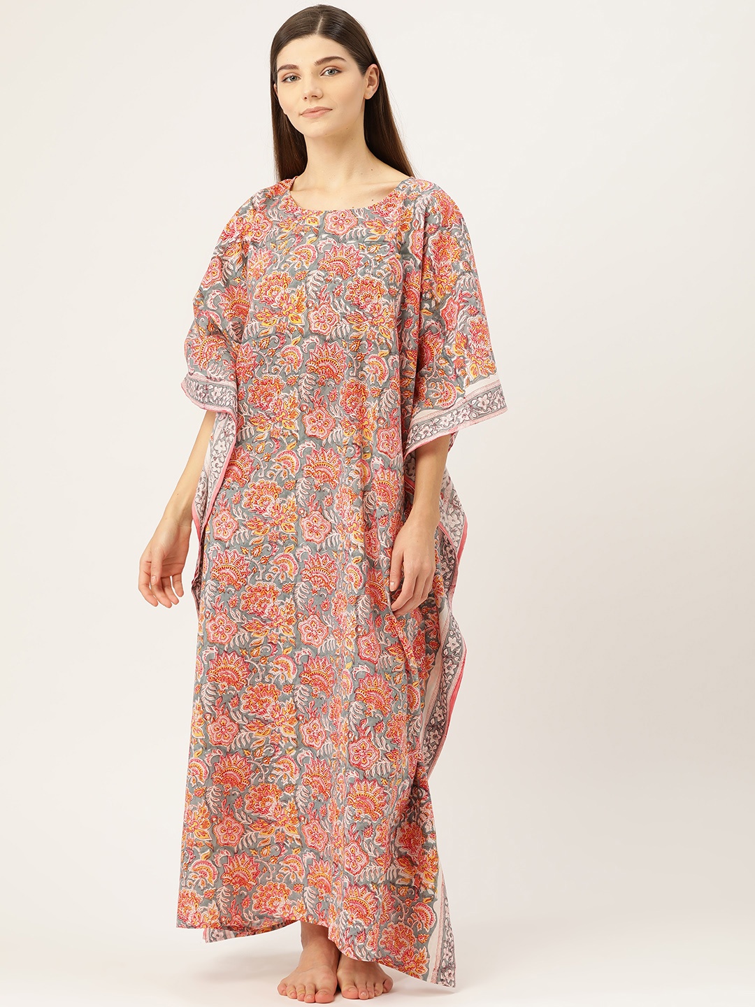 

Prakrti Grey & Peach-Coloured Handblock Print Kaftan Sustainable Nightdress