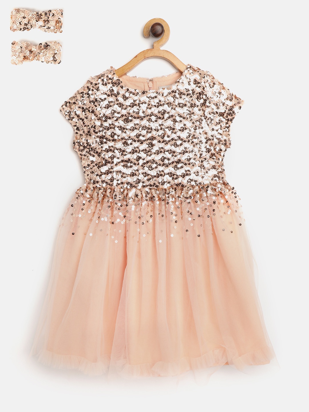 

Cherry Crumble Girls Peach-Coloured Sequinned Fit & Flare Dress with Alligator Hairclips