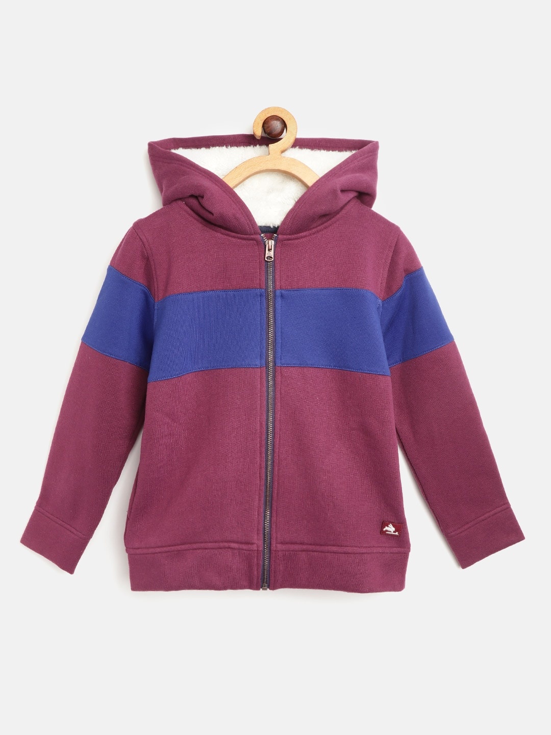 

Cherry Crumble Boys Burgundy & Blue Colourblocked Sweatshirt with Faux Fur Lining on Hood