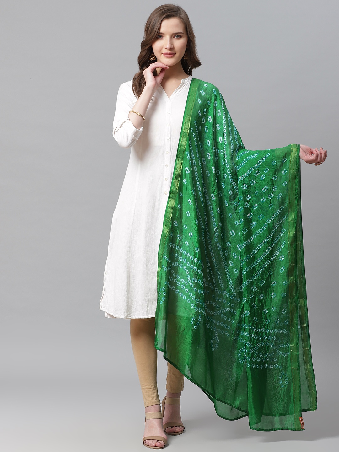 

Juniper Green & White Bandhani Print Dupatta