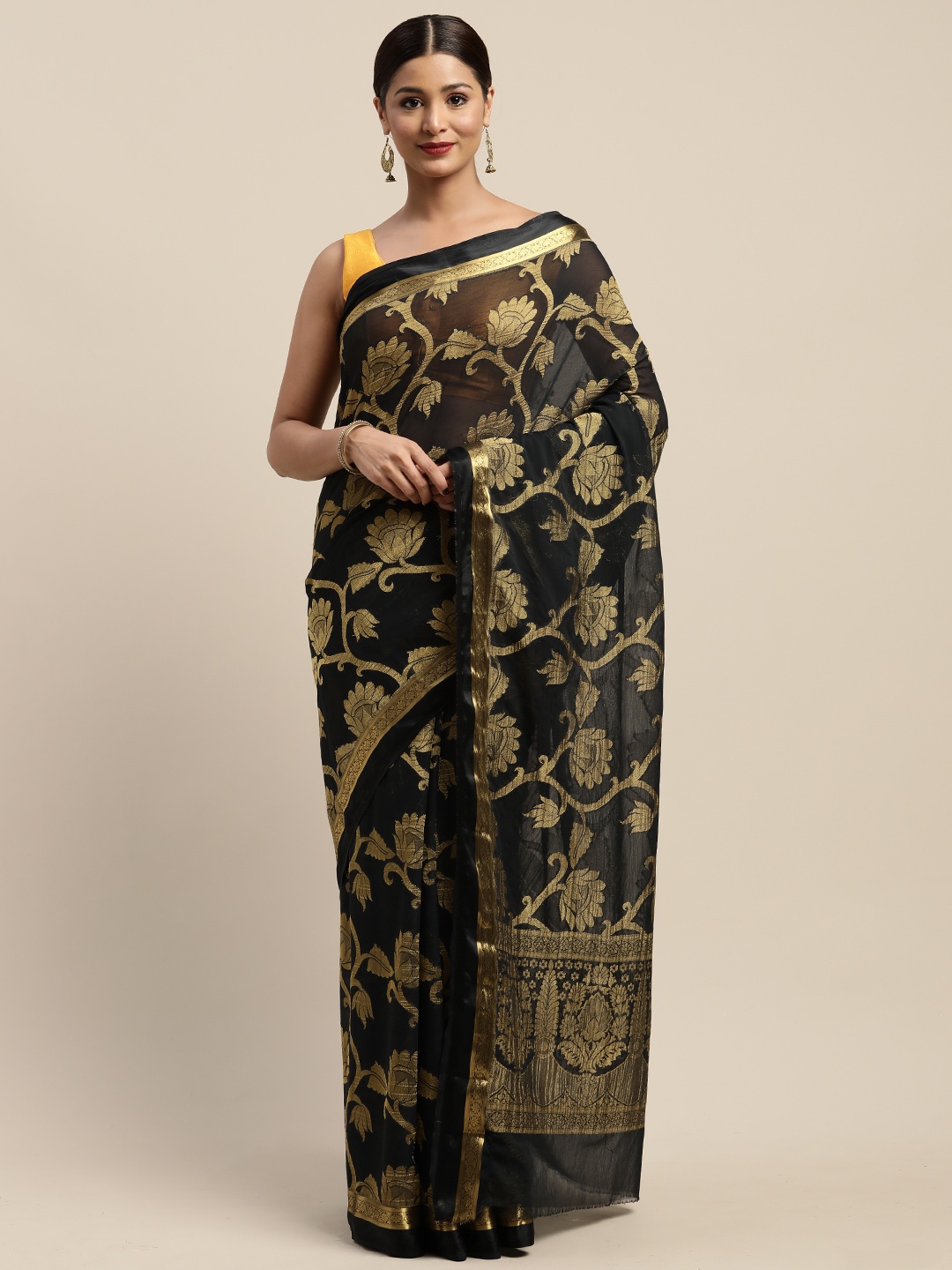 

Mitera Black & Golden Woven Design Kanjeevaram Saree