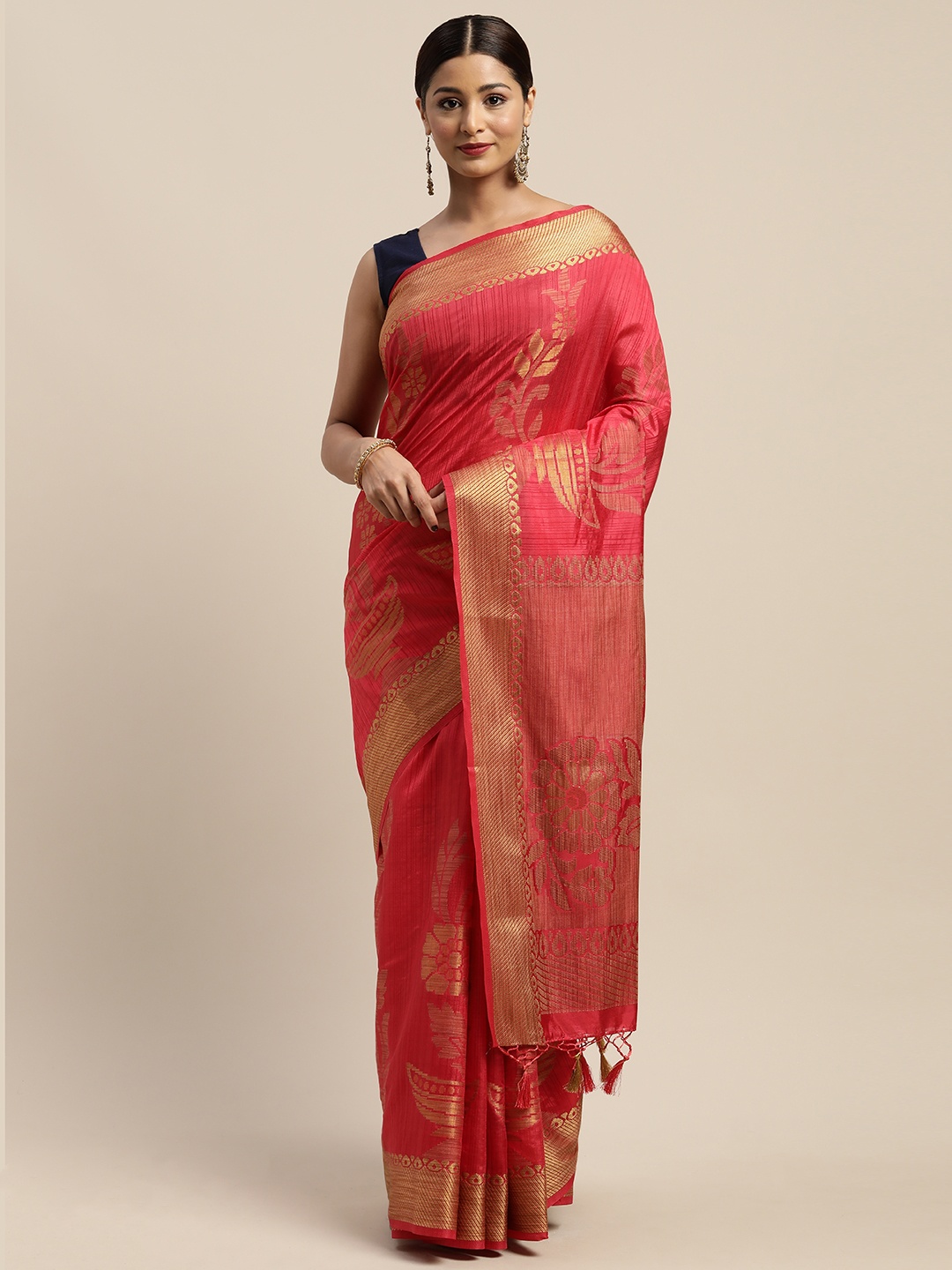 

Mitera Pink & Gold-Toned Art Silk Woven Design Uppada Saree