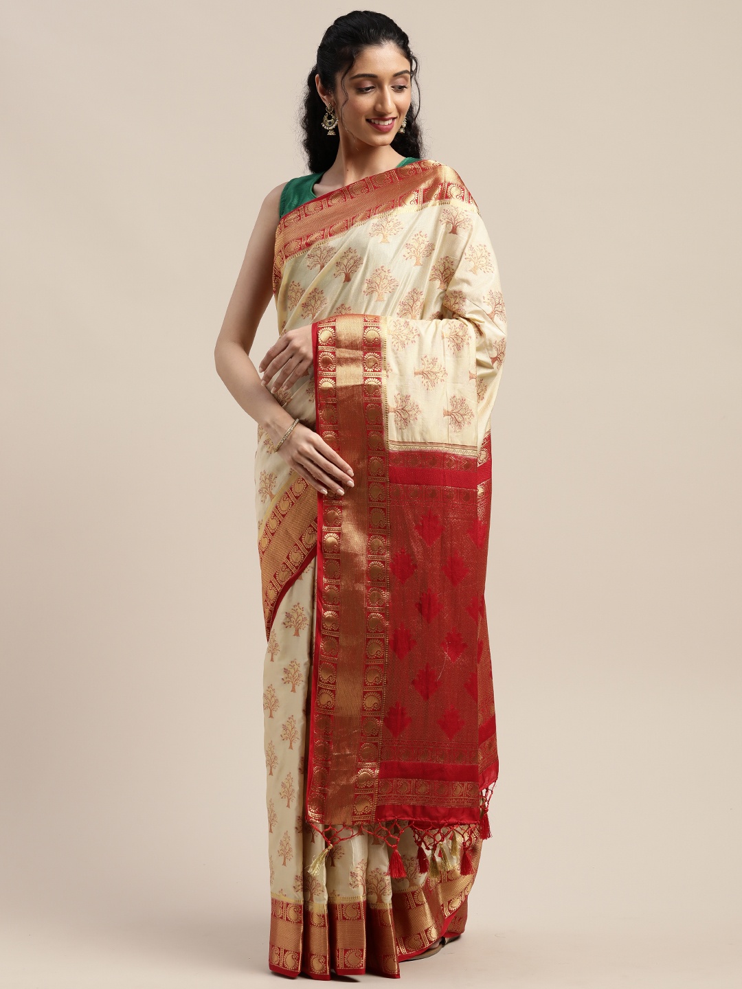 

Mitera Beige & Gold-Toned Art Silk Woven Design Kanjeevaram Saree