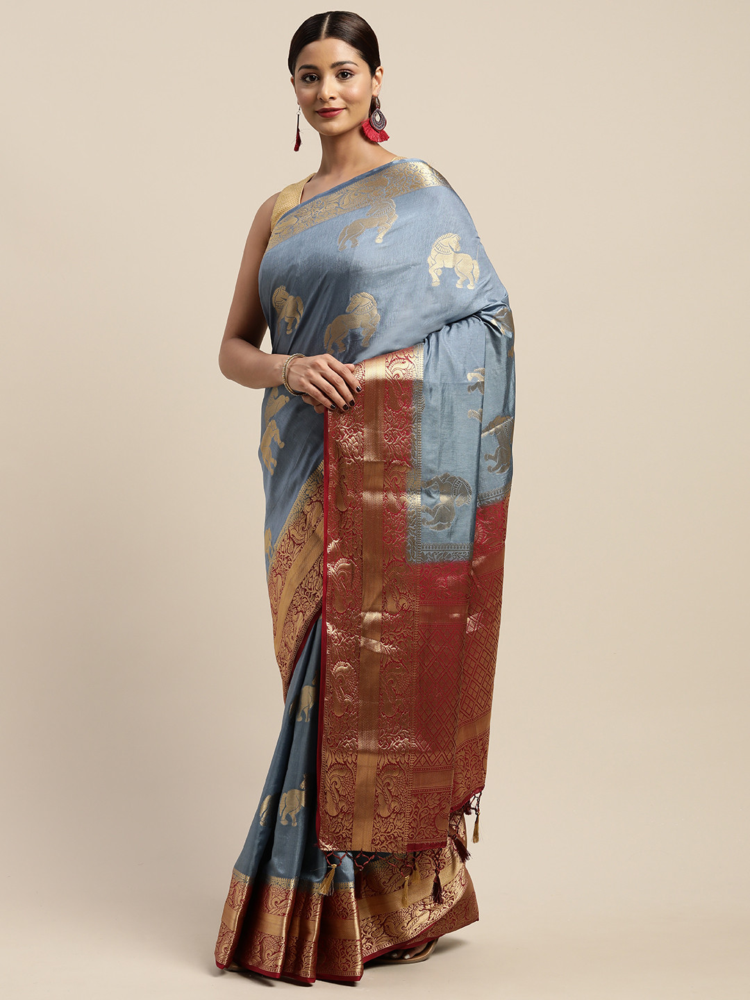 

Mitera Blue & Maroon Horse Woven Design Kanjeevaram Saree