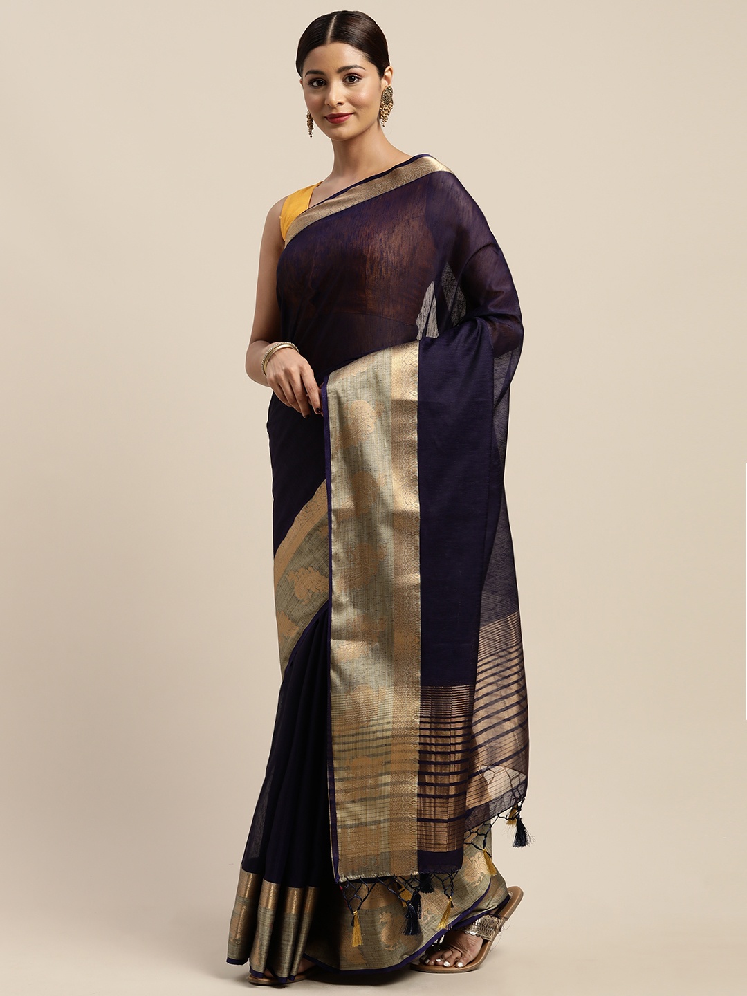 

Mitera Navy Blue & Golden Solid Kanjeevaram Saree