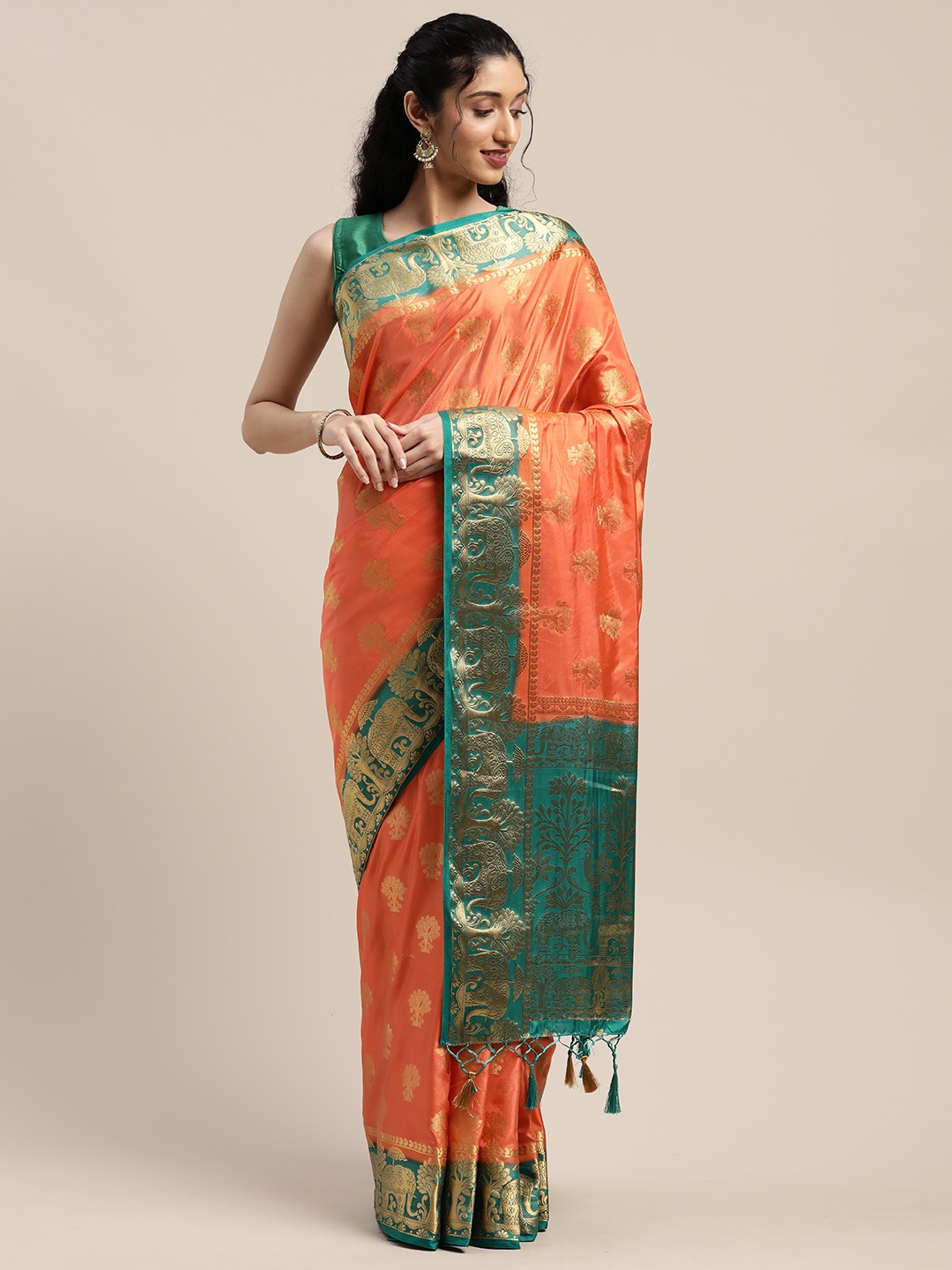 

Mitera Orange & Gold-Toned Art Silk Woven Design Kanjeevaram Saree