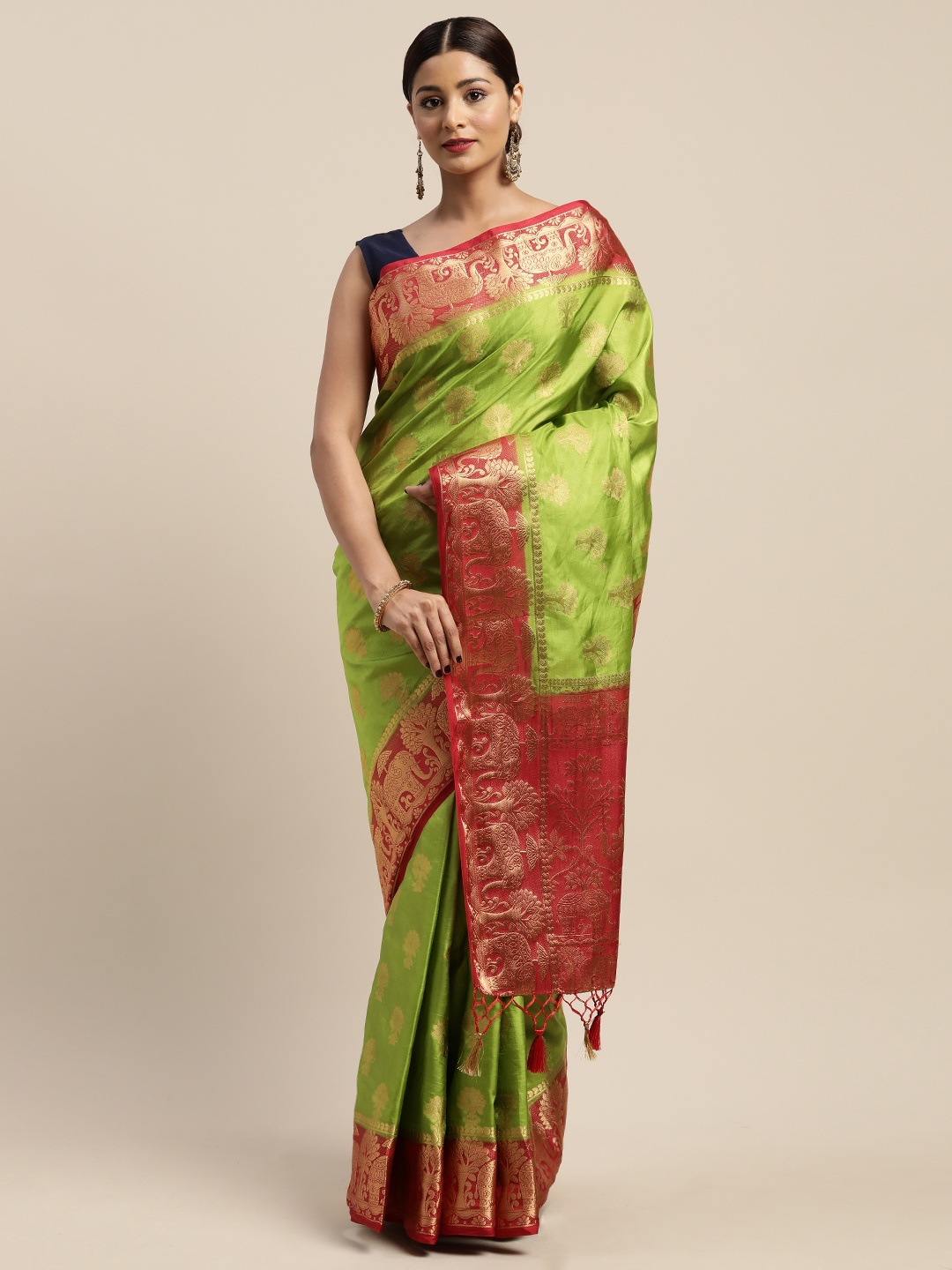 

Mitera Olive Green & Gold-Toned Art Silk Woven Design Kanjeevaram Saree