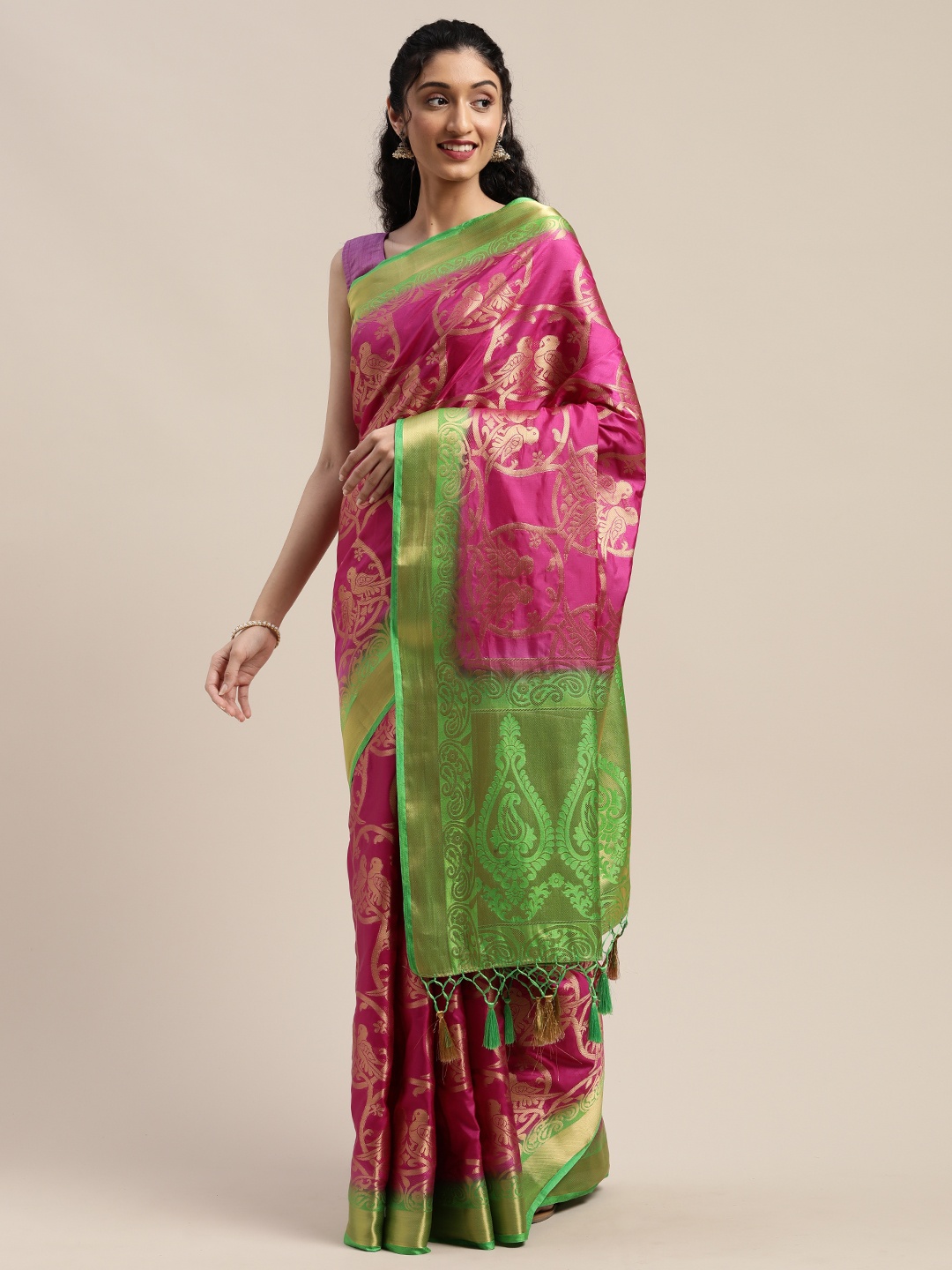 

Mitera Pink & Gold-Toned Art Silk Woven Design Kanjeevaram Saree