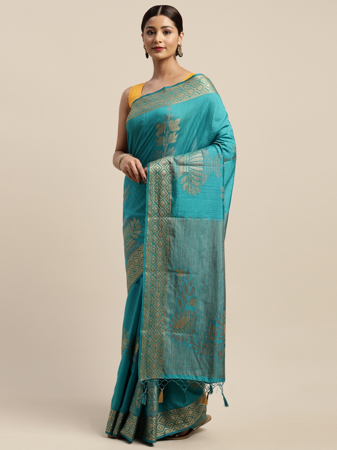 

Mitera Teal Blue & Golden Floral Woven Design Kanjeevaram Saree