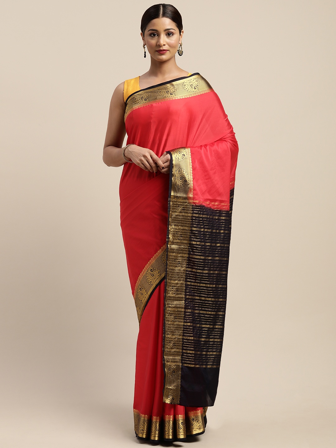 

Mitera Coral Red & Navy Blue Solid Mysore Silk Saree